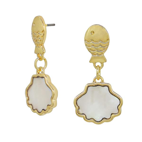 FISH METAL POST MOTHER OF PEARL SHELL DROP EARRINGS