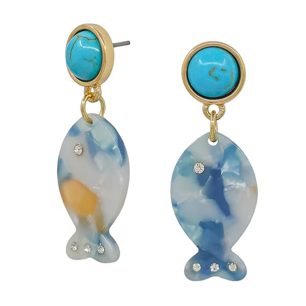 TURQUOISE STONE POST RESIN FISH DROP EARRINGS