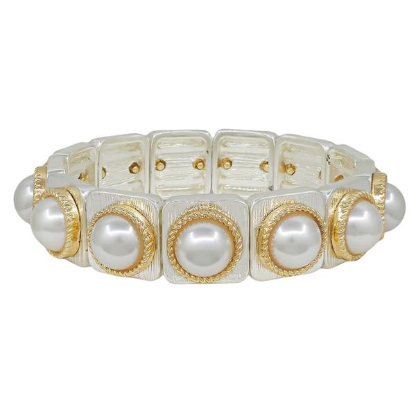 SQUARE METAL PEARL ACCENT STRETCHED BRACELET
