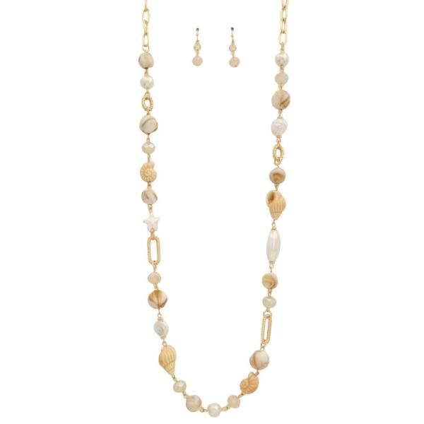 METAL STONE BEADED LONG NECKLACE EARRING SET