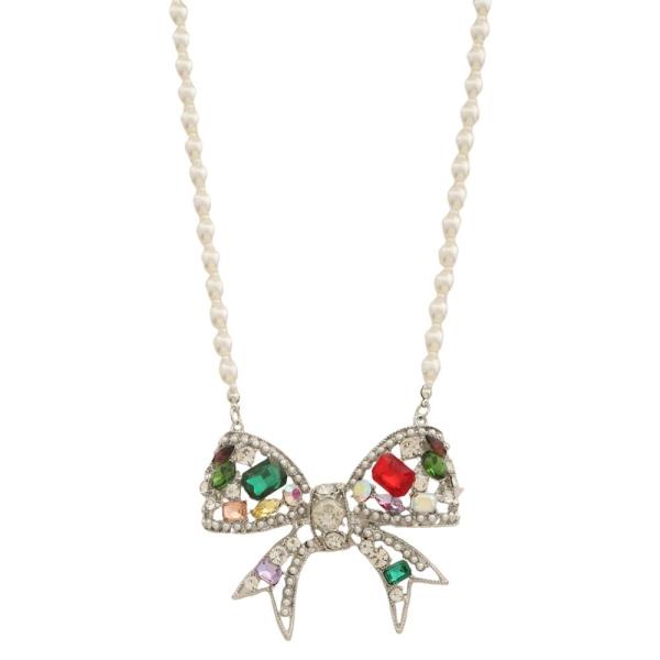 SDJ PEARL CRYSTAL BOW PENDANT NECKLACE