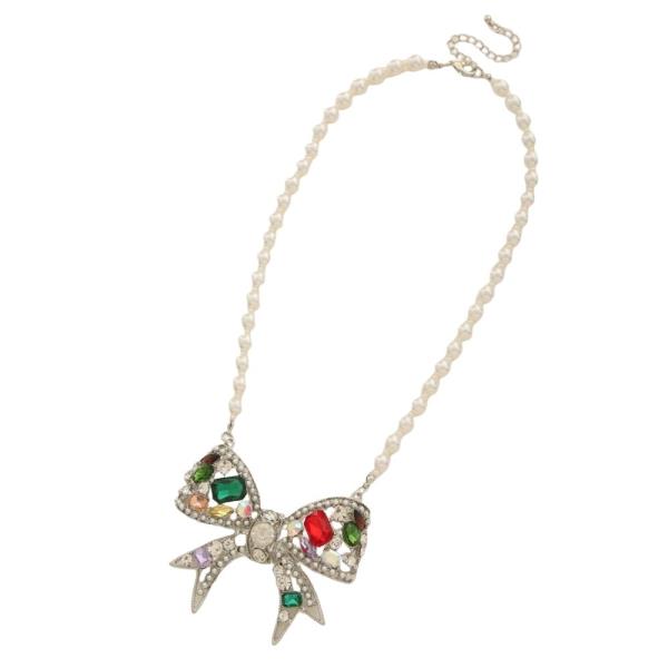 SDJ PEARL CRYSTAL BOW PENDANT NECKLACE