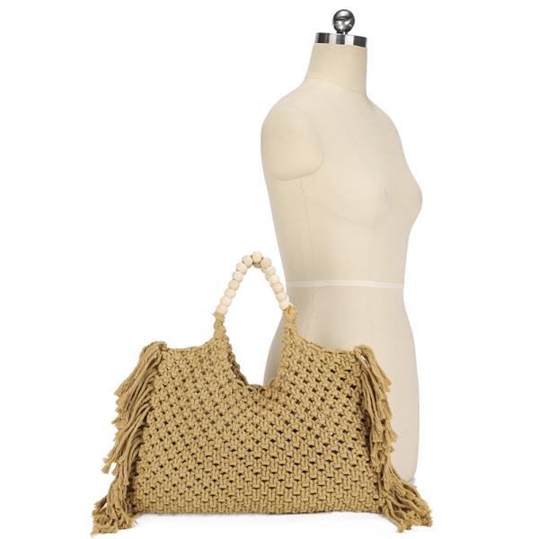 2IN1 WOVEN KNITTED TASSEL STYLE BEADED HANDLE TOTE BAG W POUCH SET