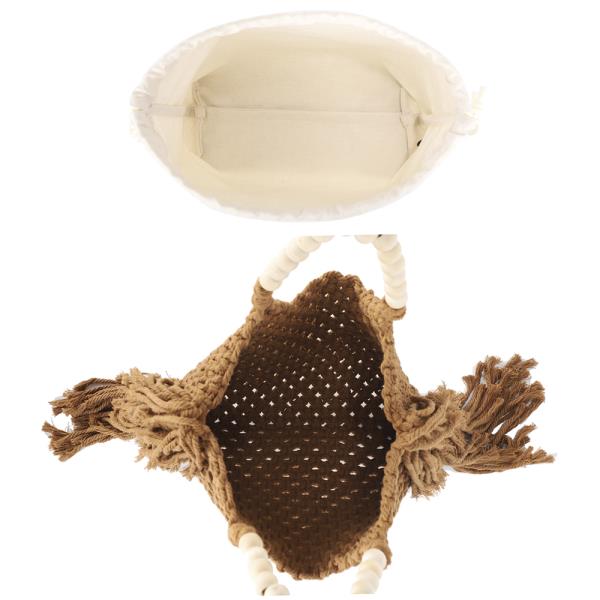 2IN1 WOVEN KNITTED TASSEL STYLE BEADED HANDLE TOTE BAG W POUCH SET