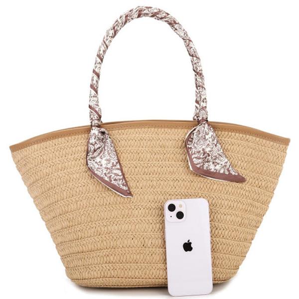 STRAW SCARF HANDLE TOTE BAG