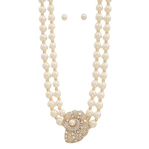PEARL RHINESTONE SHELL PENDANT NECKLACE EARRING SET