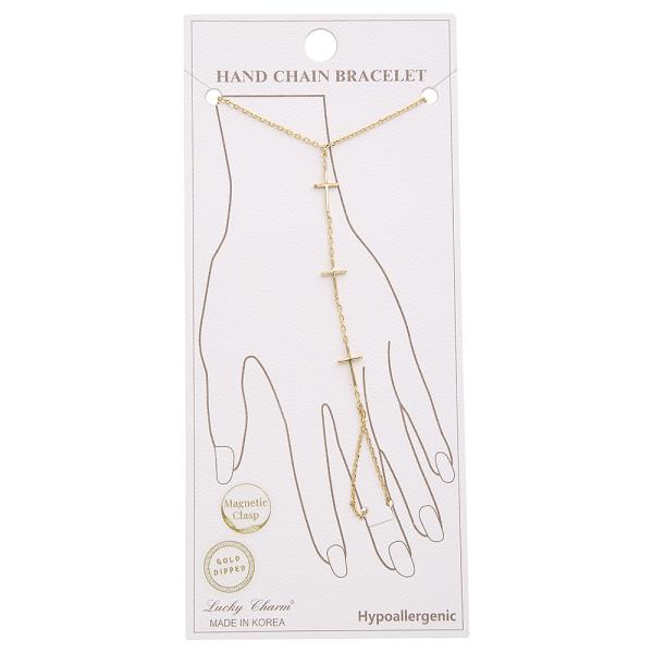 CROSS CHARM METAL HAND CHAIN GOLD DIPPED MAGNETIC CLASP BRACELET