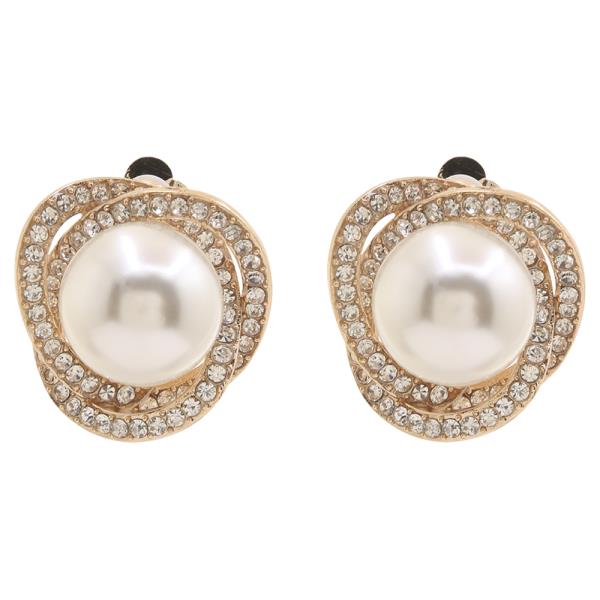 METAL RHINESTONE PEARL ROUND CLIP ON EARRINGS