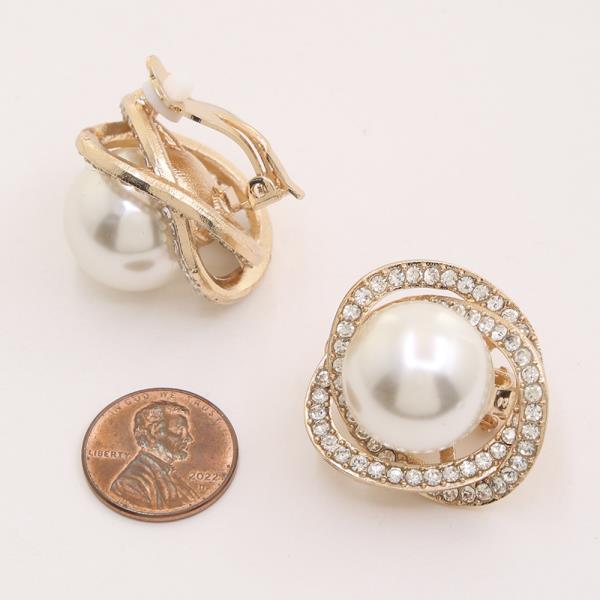 METAL RHINESTONE PEARL ROUND CLIP ON EARRINGS