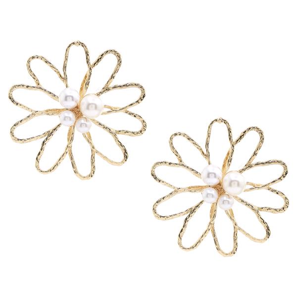 FLOWER OPEN SHAPE PEARL METAL EARRING