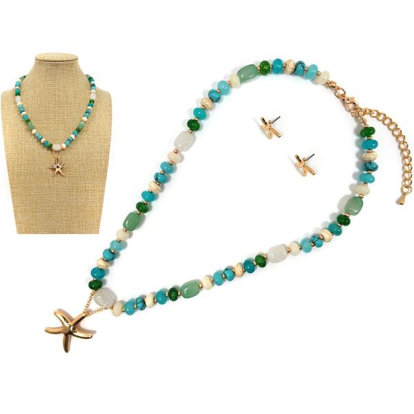 STARFISH W COLOR BEAD NECKLACE EARRING SET