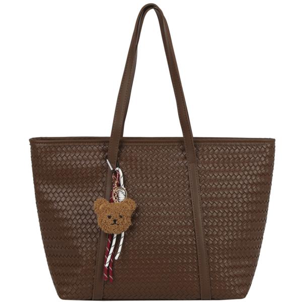 WOVEN TEXTURED SHOULDER TOTE BAG W BAG CHARM