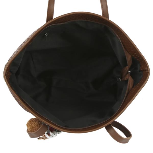 WOVEN TEXTURED SHOULDER TOTE BAG W BAG CHARM