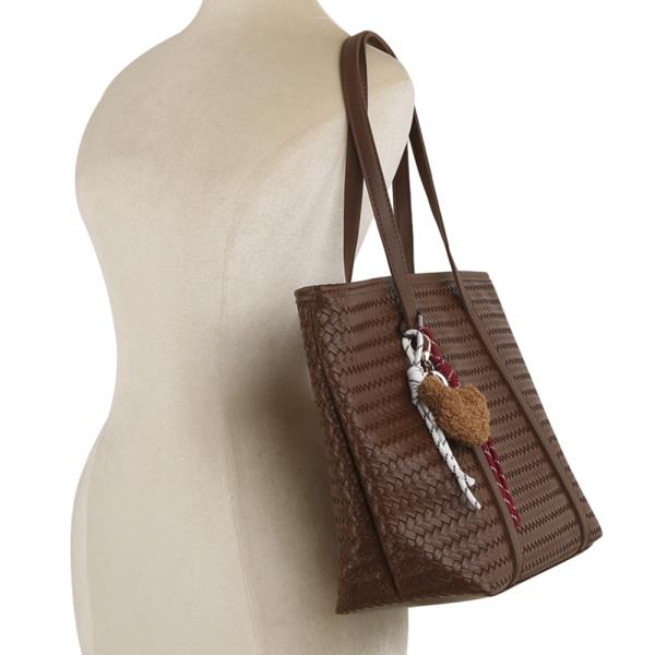 WOVEN TEXTURED SHOULDER TOTE BAG W BAG CHARM
