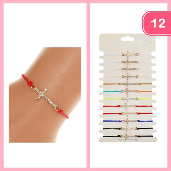 RHINESTONE CROSS STRING BRACELET (12 UNITS)