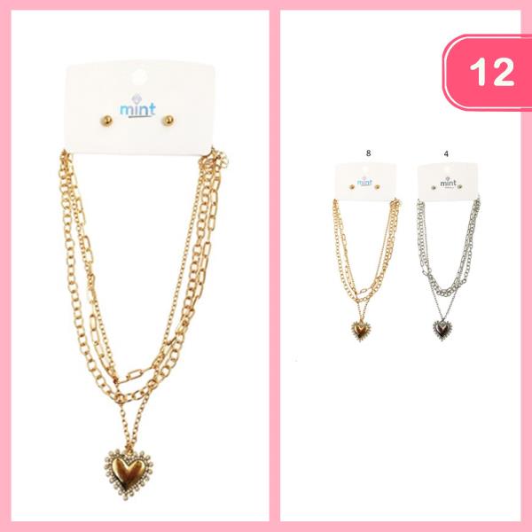 LAYERED HEART PENDANT NECKLACE EARRING SET (12 UNITS)