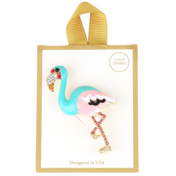 RHINESTONE EPOXY TROPICAL FLAMINGO BROOCH PIN