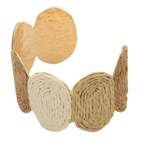 WOVEN RAFFIA DISC METAL CUFF BRACELET