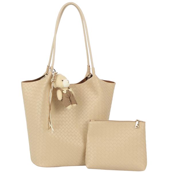 2IN1 WOVEN DESIGN TOTE W BAG CHARM AND POUCH SET