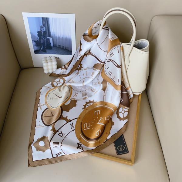 CLOCK PRINT SILKY BANDANA SQUARE NECK SCARF