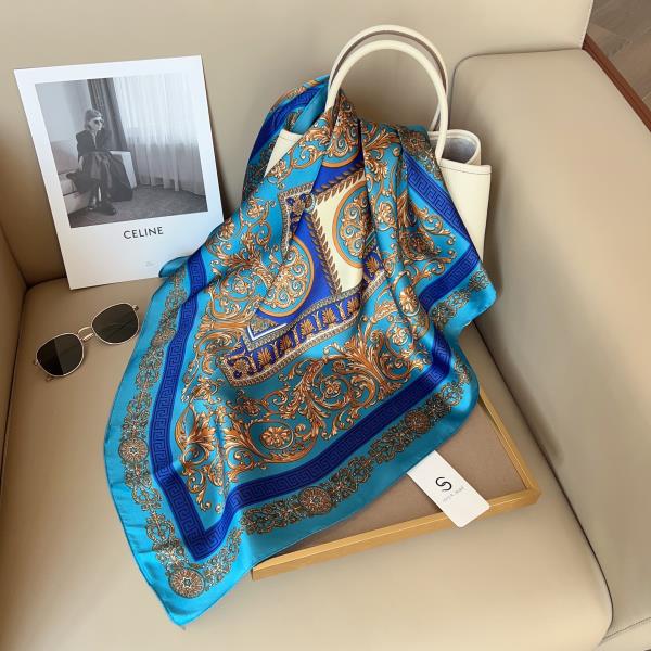 BAROQUE ORNATE FRAME BORDER PRINT SILKY BANDANA SQUARE NECK SCARF