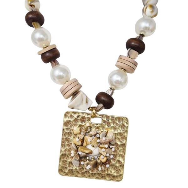 MULTI BEAD SQUARE PENDANT STATEMENT NECKLACE
