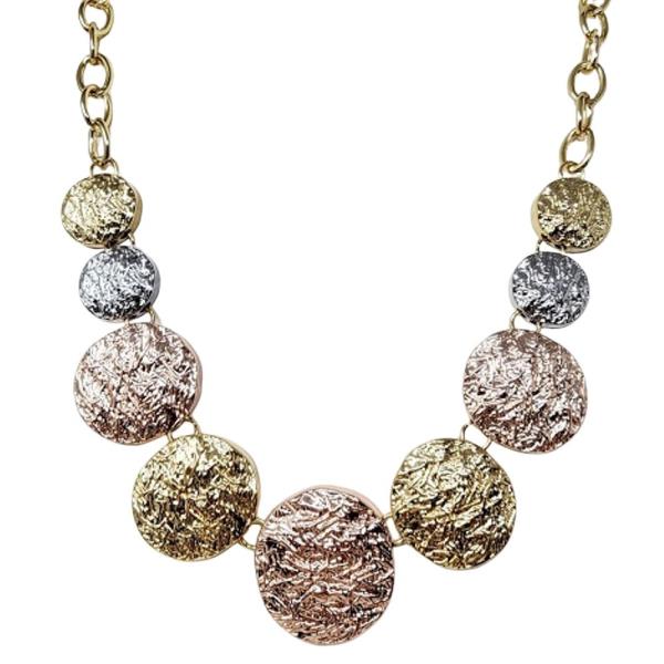 METAL MULTI TEXTURED ROUND STATEMENT NECKLACE EARRING SET