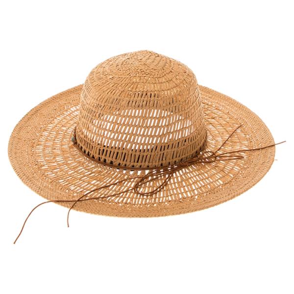 PEEKABOO WEAVE STRAW SUN HAT W/ PAINTED WOOD BEADS BAND