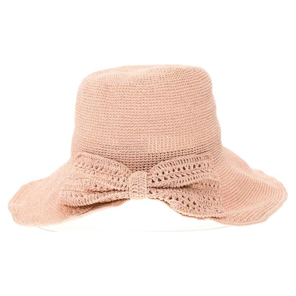 FINELY CROCHETED TOYO STRAW SUN HAT WITH A PRETTY BOW AND EASY-WEAR OPEN BACK DESIGN.