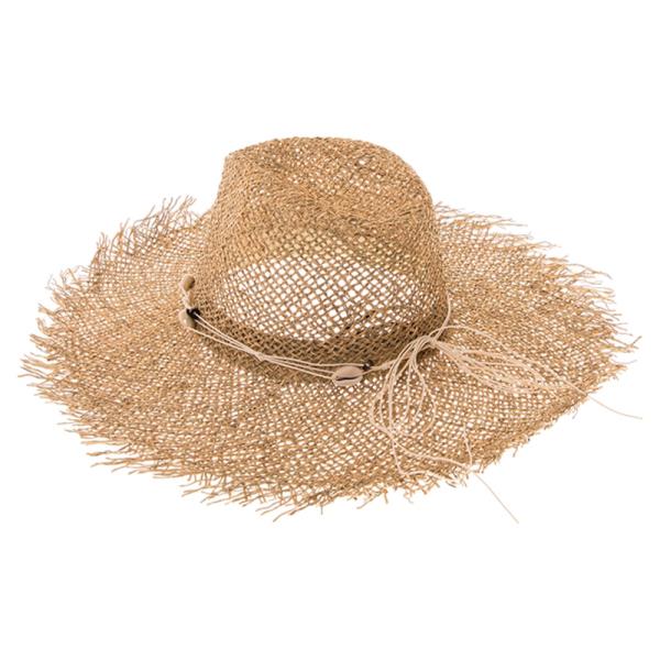 FRAYED EDGE SEAGRASS PANAMA HAT W/ SEASHELLS & WOOD BEADS BAND