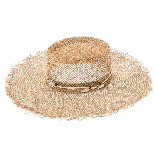 FRAYED EDGE SEAGRASS BOATER HAT W/ SEASHELLS & WOOD BEADS BAND
