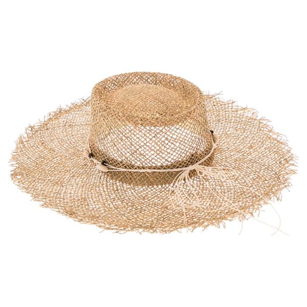 FRAYED EDGE SEAGRASS BOATER HAT W/ SEASHELLS & WOOD BEADS BAND