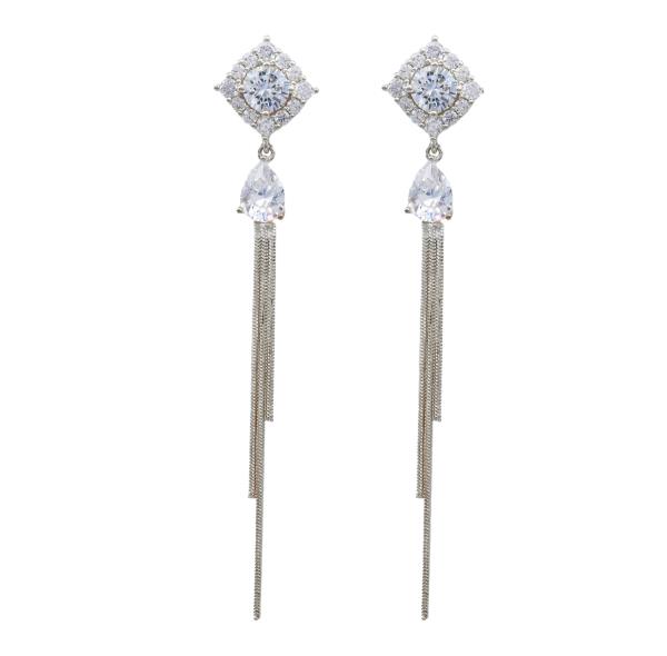 CZ SQUARE TEARDROP TASSEL DROP EARRING