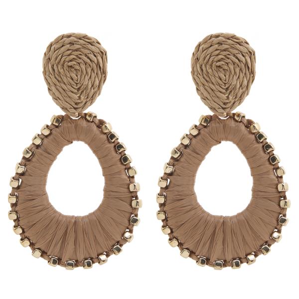 WOVEN RAFFIA OPEN STUD TEARDROP SHAPE EARRING
