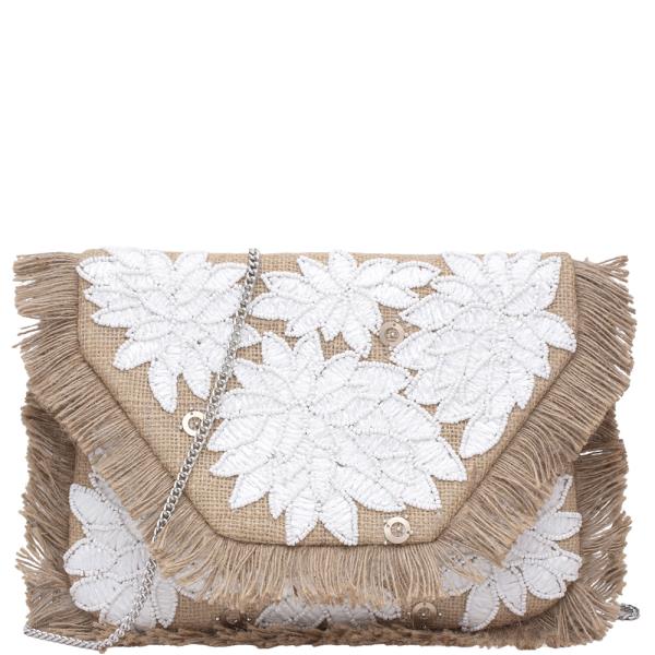 CHIC STRAW FLORAL EMBELLISHED FRINGE CLUTCH BAG