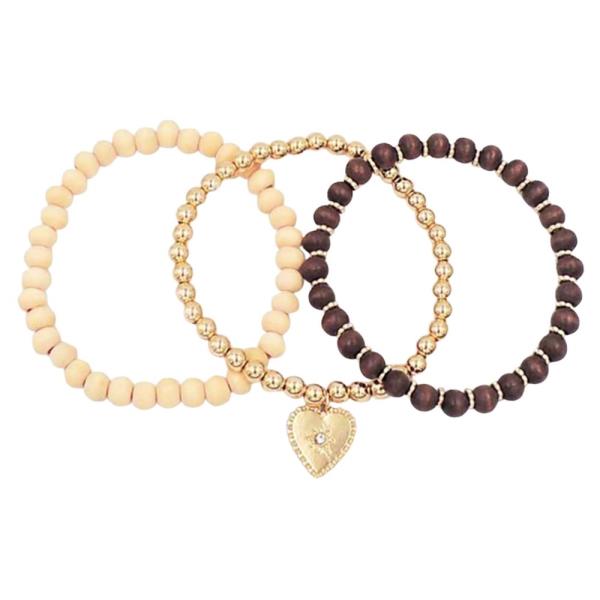 3 PCS WOOD BEAD HEART SUN CHARM STRETCHABLE BRACELET
