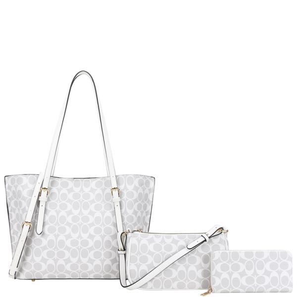 3IN1 OVAL PRINT SHOULDER TOTE BAG W CROSSBODY AND WALLET SET