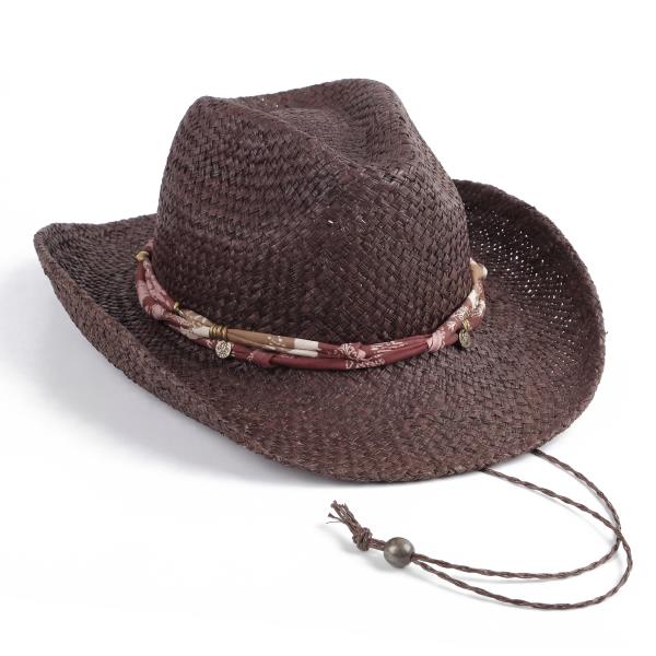 CC RAFFIA COWBOY HAT WITH PAISLEY BAND AND TEXTURED CHARM