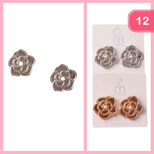 METAL TRIM ROSE PEARL EARRINGS (12 UNITS)