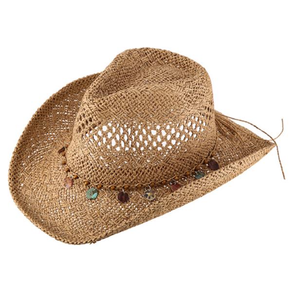 BEADED BAND OPEN WEAVE STRAW COWBOY HAT
