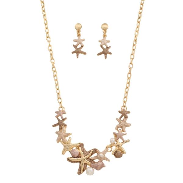 METAL STARFISH PEARL STATEMENT NECKLACE EARRING SET