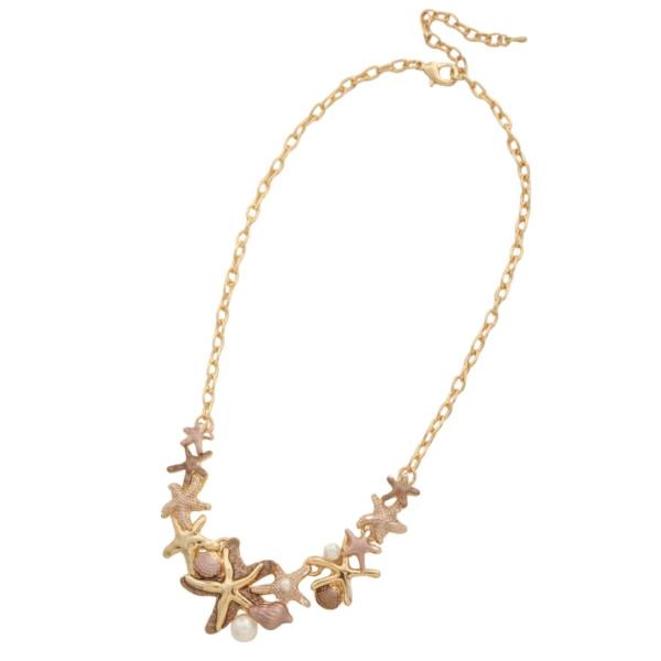 METAL STARFISH PEARL STATEMENT NECKLACE EARRING SET