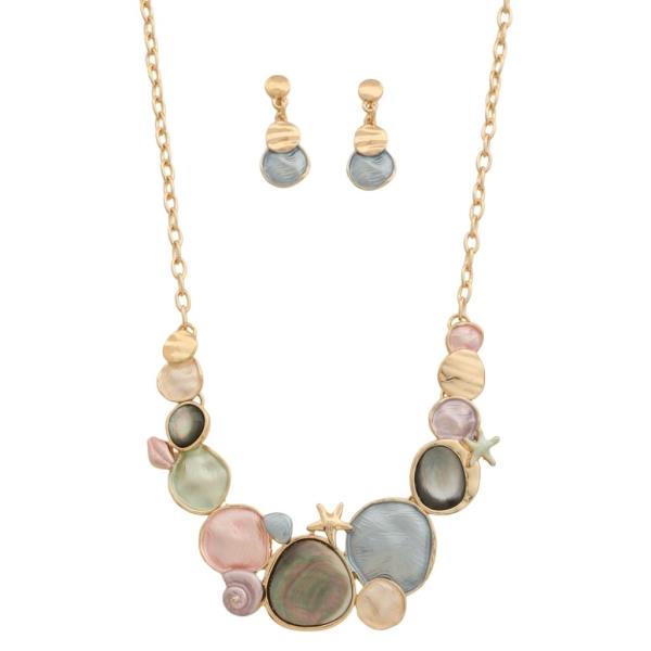 METAL SHELL STONE STATEMENT NECKLACE EARRING SET