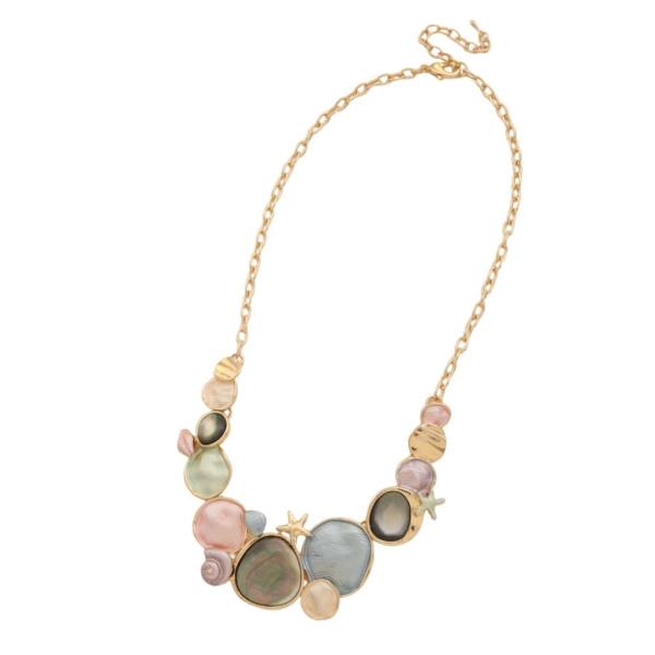 METAL SHELL STONE STATEMENT NECKLACE EARRING SET