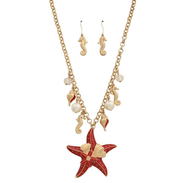 METAL SEAHORSE STARFISH MULTI CHARM NECKLACE EARRING SET