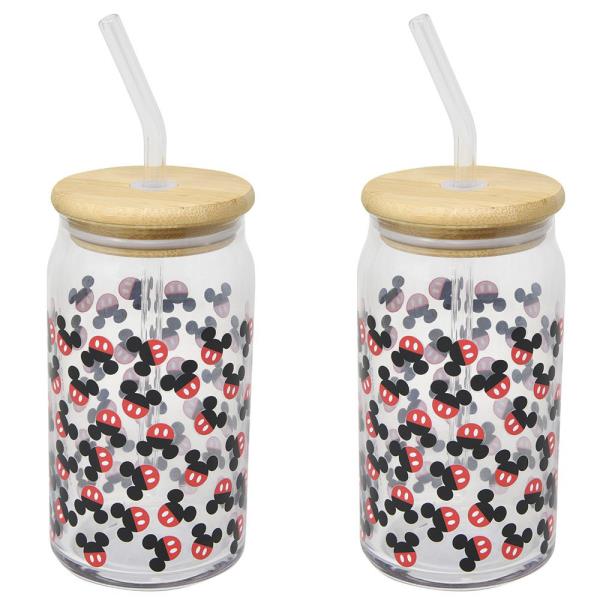 MICKEY MOUSE GLASS JAR W LID AND STRAW
