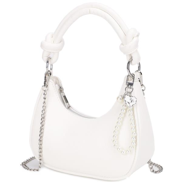 CURVED ZIPPER HANDLE CROSSBODY BAG W PEARL STRAP KEYCHAIN