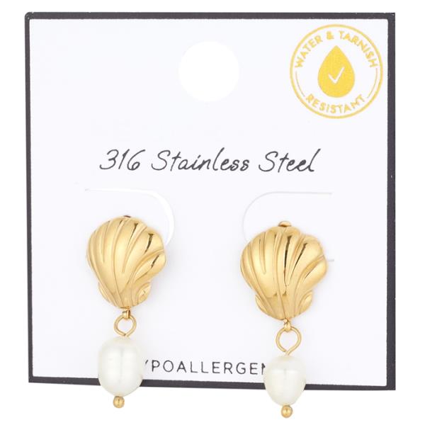 STAINLESS STEEL PEARL DANGLE SHELL EARRING
