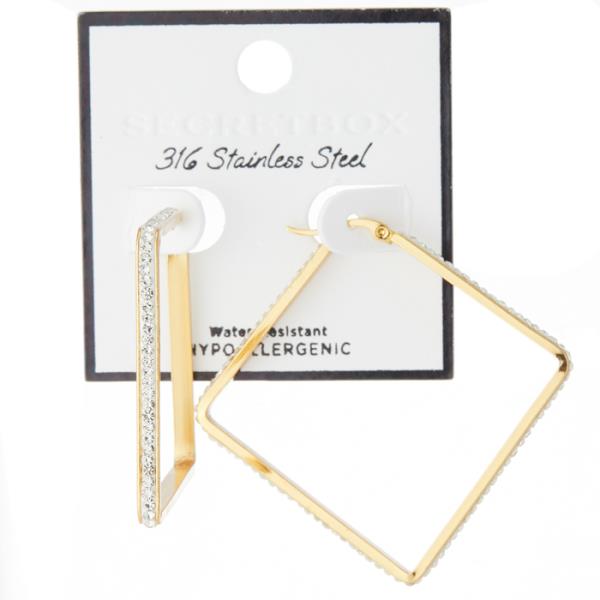 STAINLESS STEEL SQUARE WHITE STONE HOOP EARRING