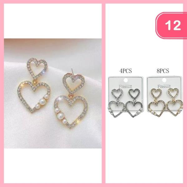RHINESTONE PEARL HEART DANGLE EARRINGS (12 UNITS)